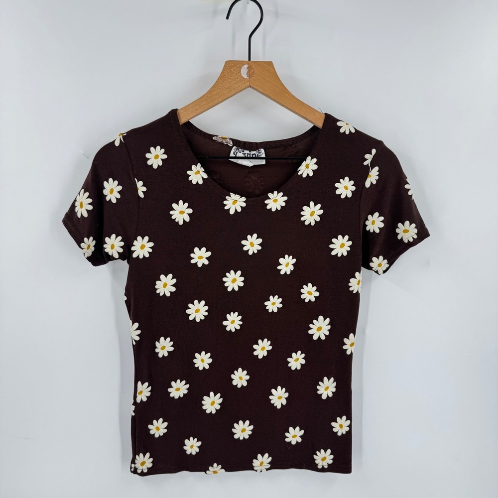Vintage 90s Y2K L.E.I. Daisy Print T-Shirt Brown Small Floral Baby Tee Indie